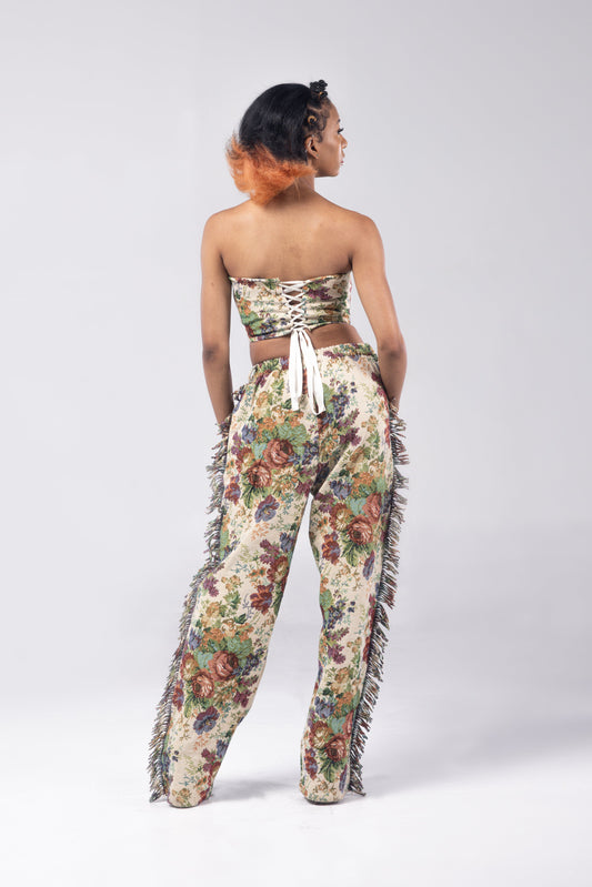 Blooming Tapestry Lace Up Corset and Cargo Pant Set