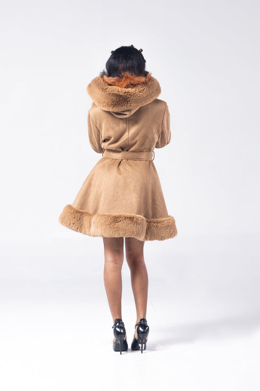 Nadia Caramel Faux Fur Trim Coat