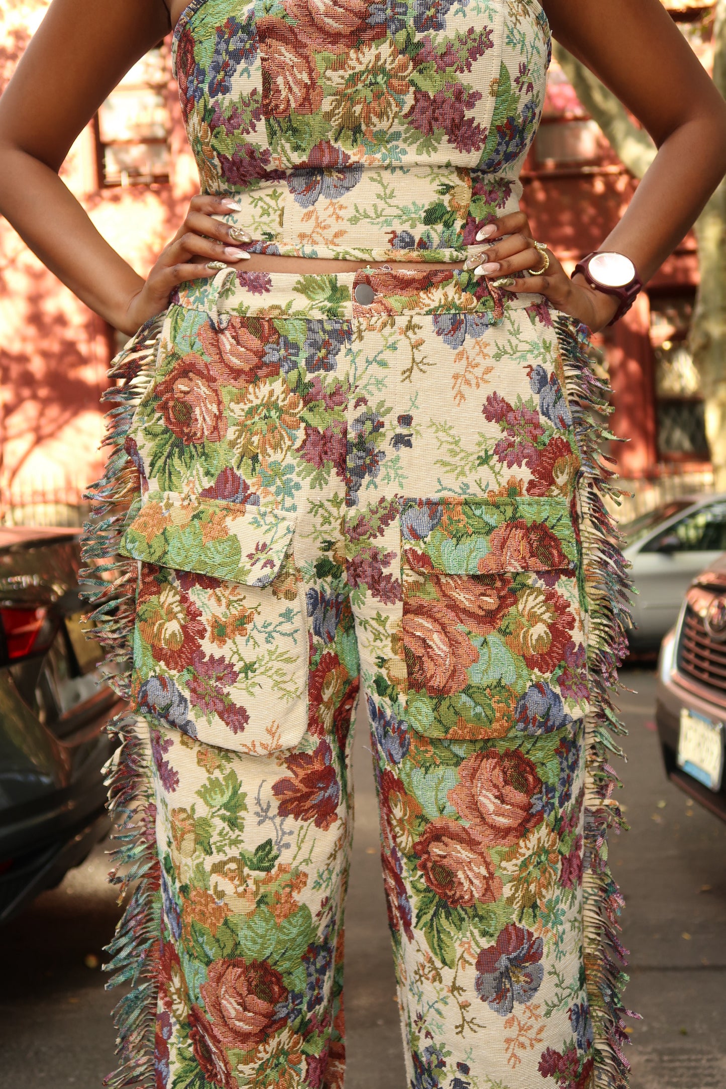 Blooming Tapestry Lace Up Corset and Cargo Pant Set