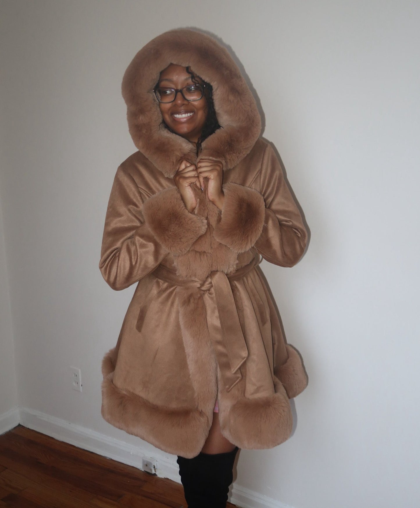 Nadia Caramel Faux Fur Trim Coat