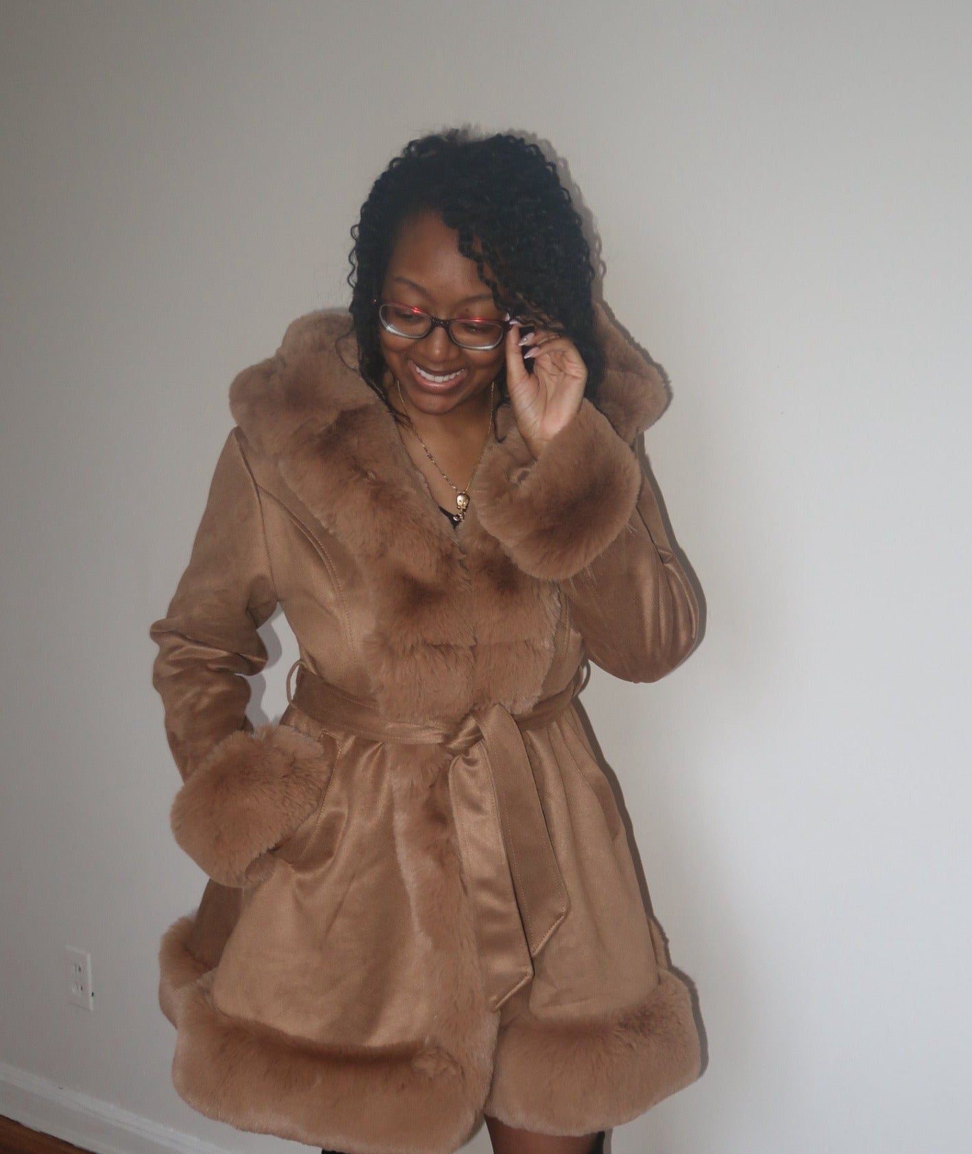 Nadia Caramel Faux Fur Trim Coat