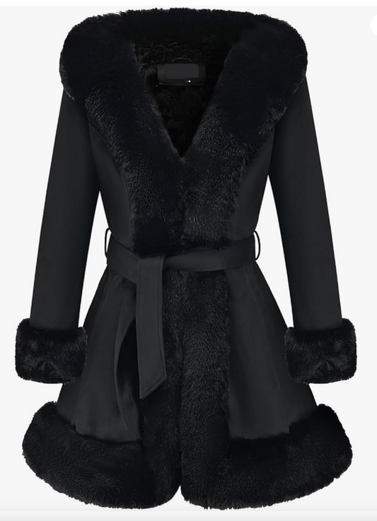 Nadia Black Faux Fur Trim Coat